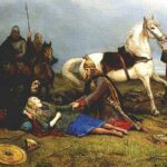 Pale and dying, Shieldmaiden Hervor, lies mortally wounded by Huns. Painting by Peter Nicolai Arbo (1831-1892).